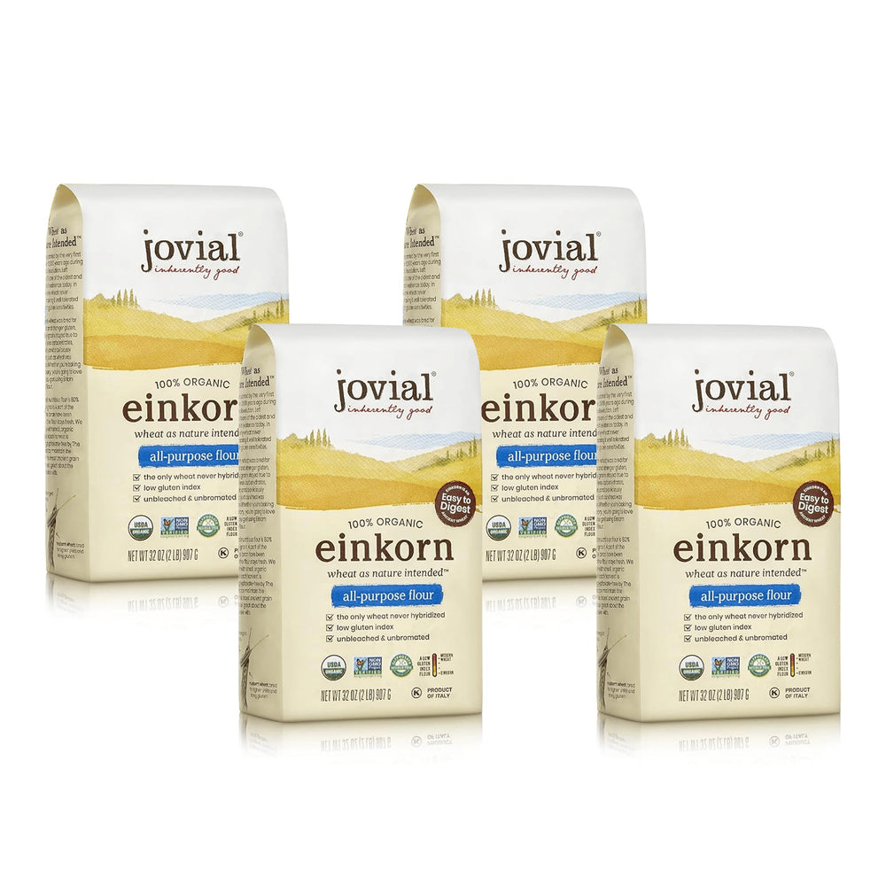 Jovial Einkorn flour packaging highlights organic, non-GMO ingredients for premium baking.