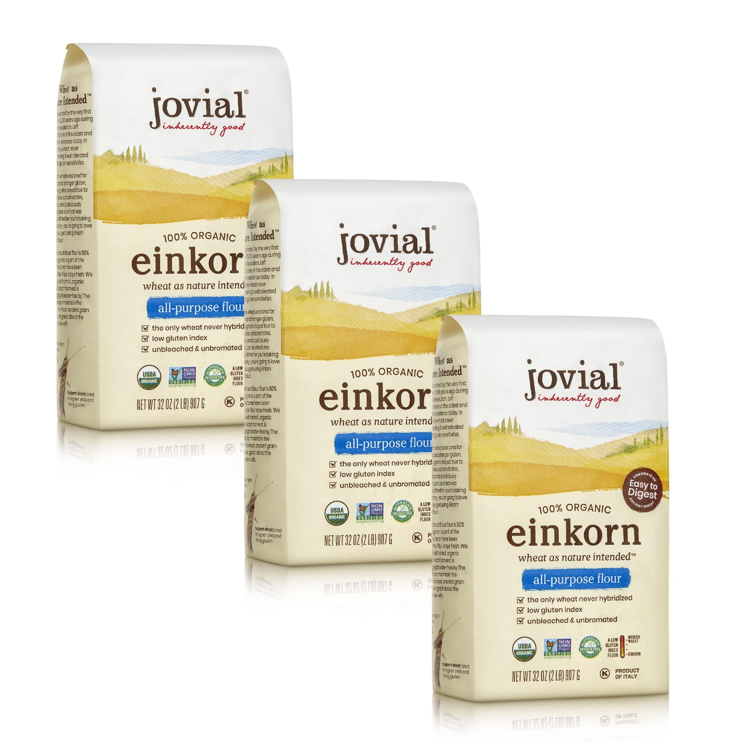Jovial Einkorn flour packaging showing organic, non-GMO labeling for trusted baking.