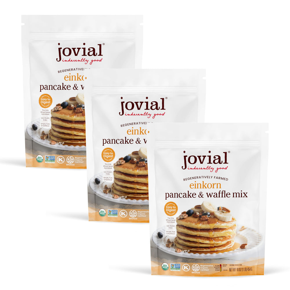 Jovial Einkorn Pancake Mix packaging on counter for quick, wholesome breakfasts