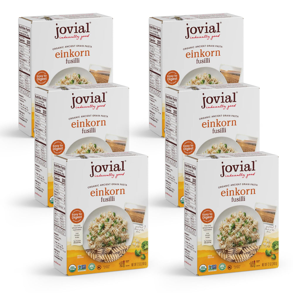 Jovial Einkorn pasta packaging showcases organic, non-GMO quality.