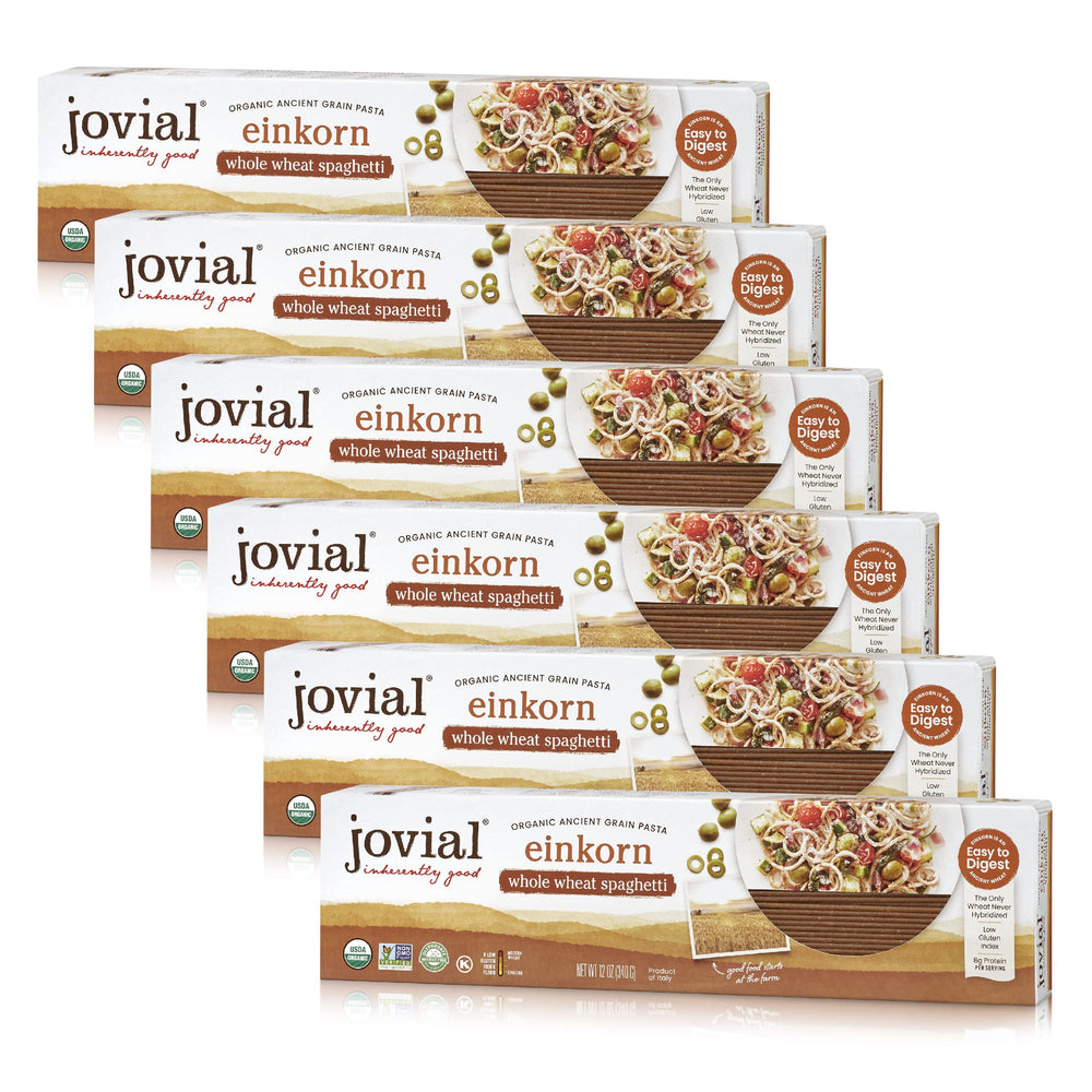 Jovial Einkorn Spaghetti pack showing authentic whole grain pasta with rich aroma