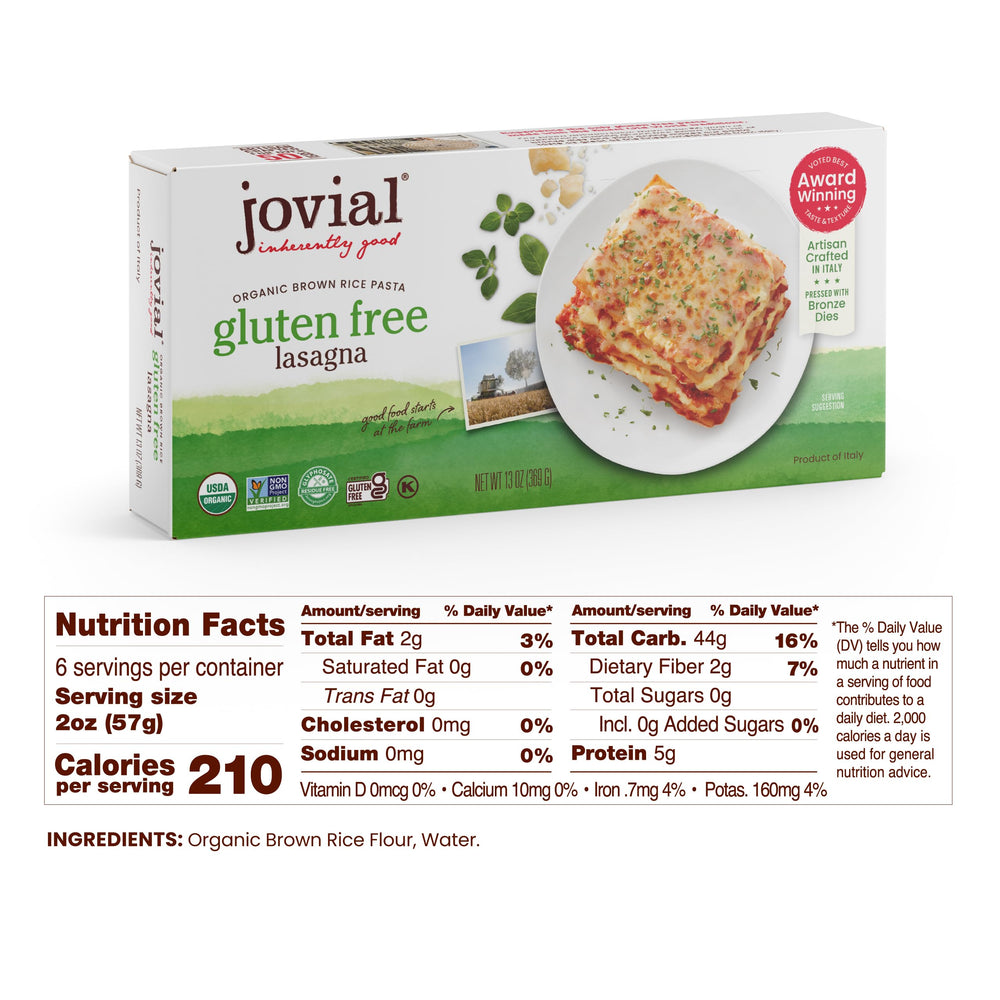 Jovial organic brown rice lasagna noodles uncooked, ready to boil for hearty dinners