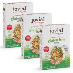 Jovial Organic Brown Rice Orzo Pasta pack showing 3x12 oz boxes, gluten-free and family-friendly.