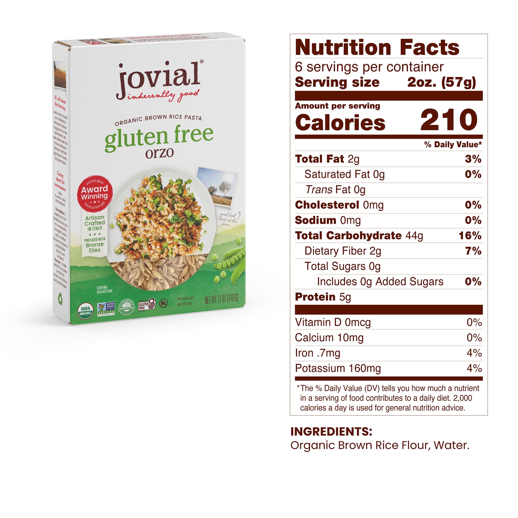 Jovial Organic Brown Rice Orzo Pasta uncooked close-up highlighting two-ingredient simplicity.