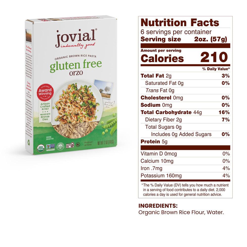 Jovial Organic Brown Rice Orzo Pasta uncooked close-up highlighting two-ingredient simplicity.