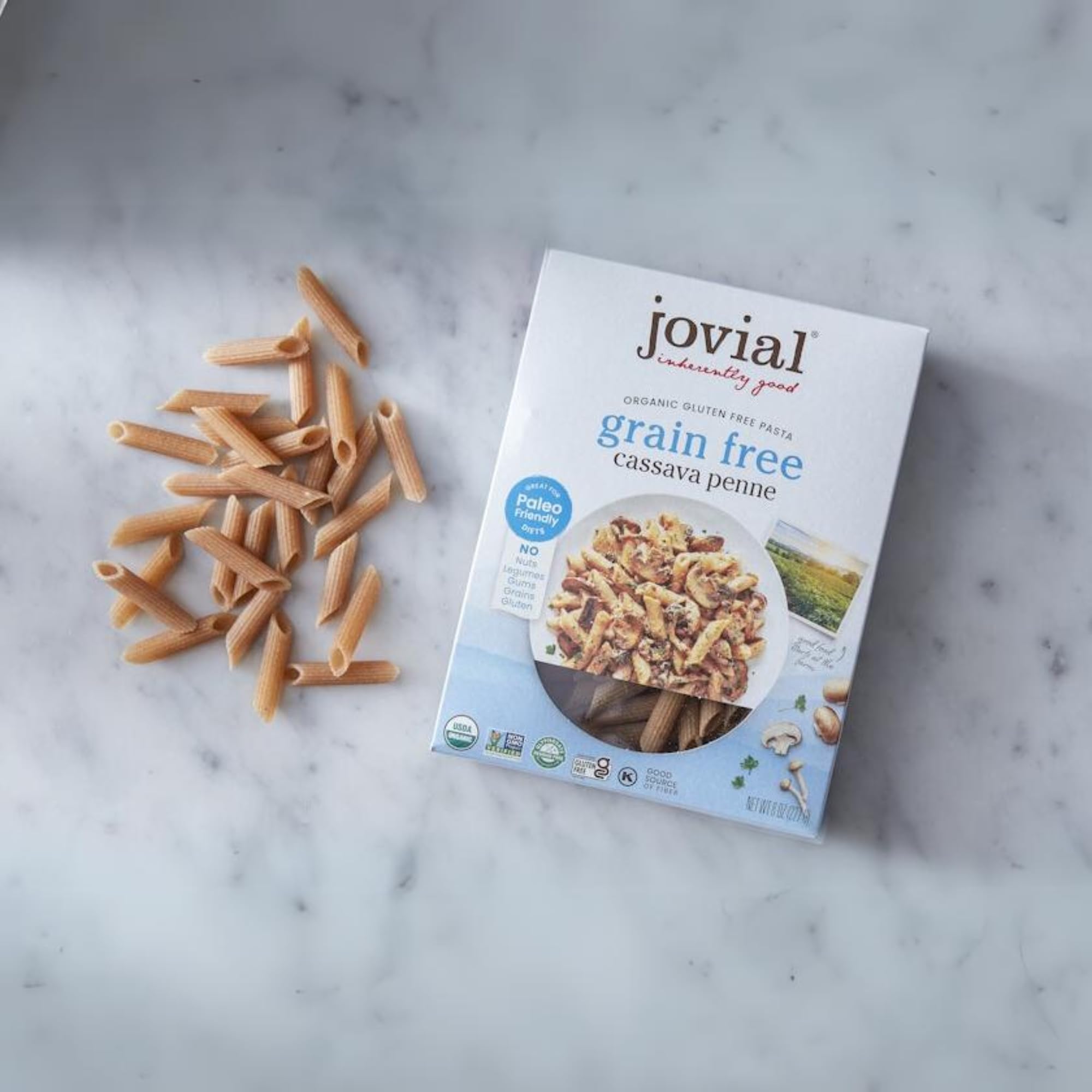 Jovial three-pack packaging on shelf, organic and Non-GMO.