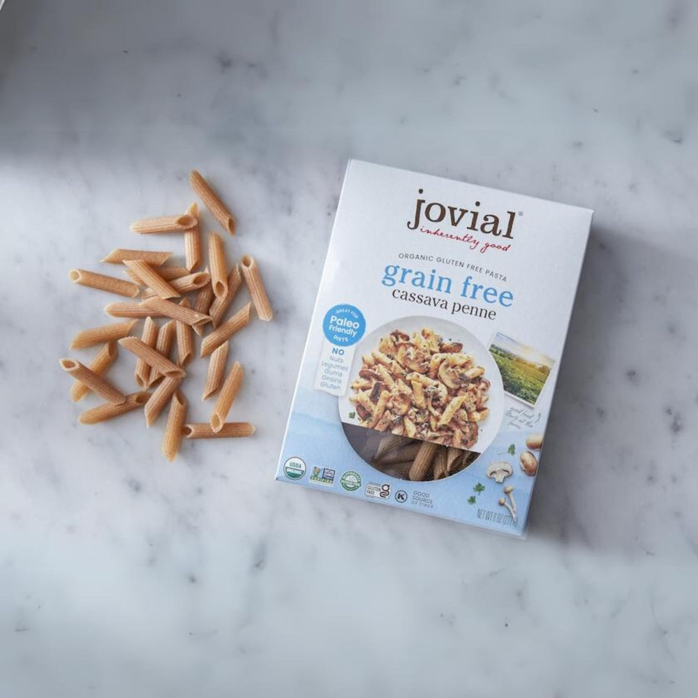 Jovial three-pack packaging on shelf, organic and Non-GMO.