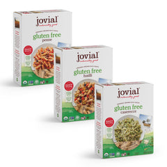 Jovial brown rice pasta variety pack box, gluten-free, ready to cook with multiple sauce options.