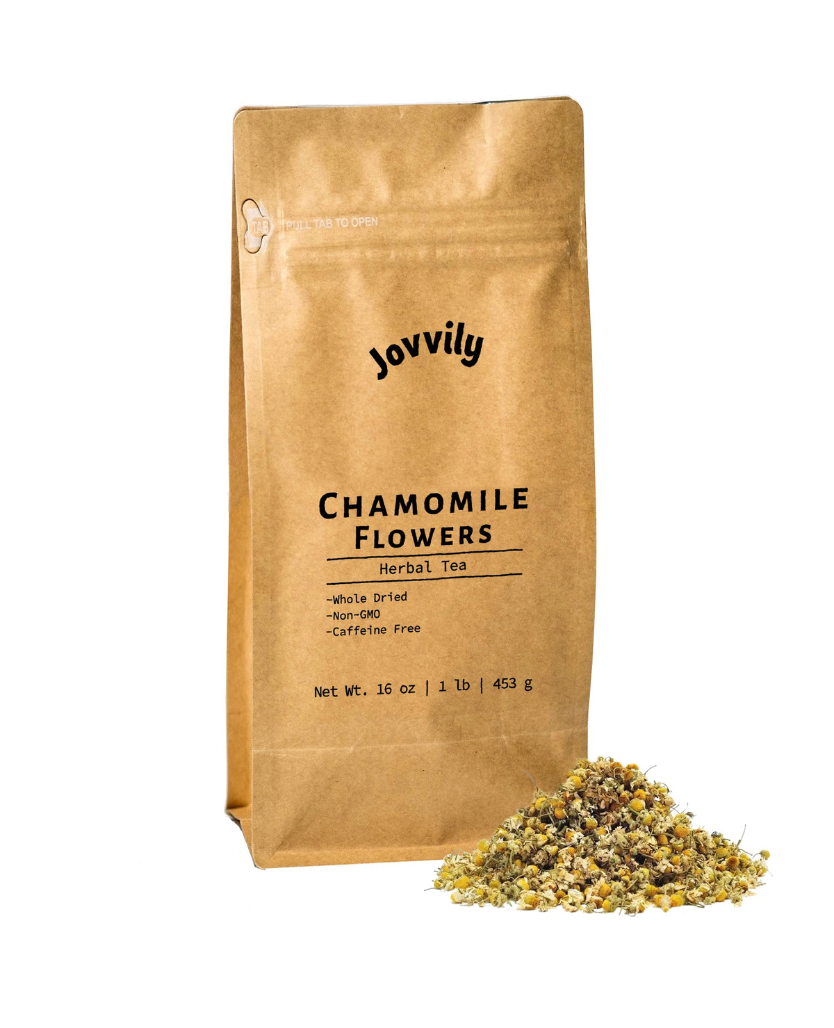 Jovvily Chamomile Flowers 1lb package label visible, ideal for calming tea.