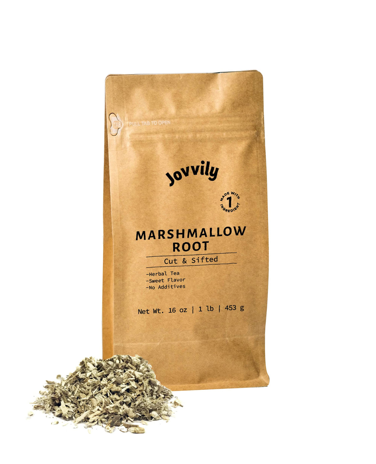 Jovvily Marshmallow Root in loose form, ideal for a calming, aromatic herbal tea.