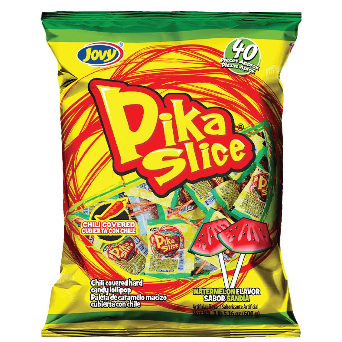 Jovy Pika Slice Watermelon Shell lollipops deliver sweet flavor with a chili kick, ideal for sharing.