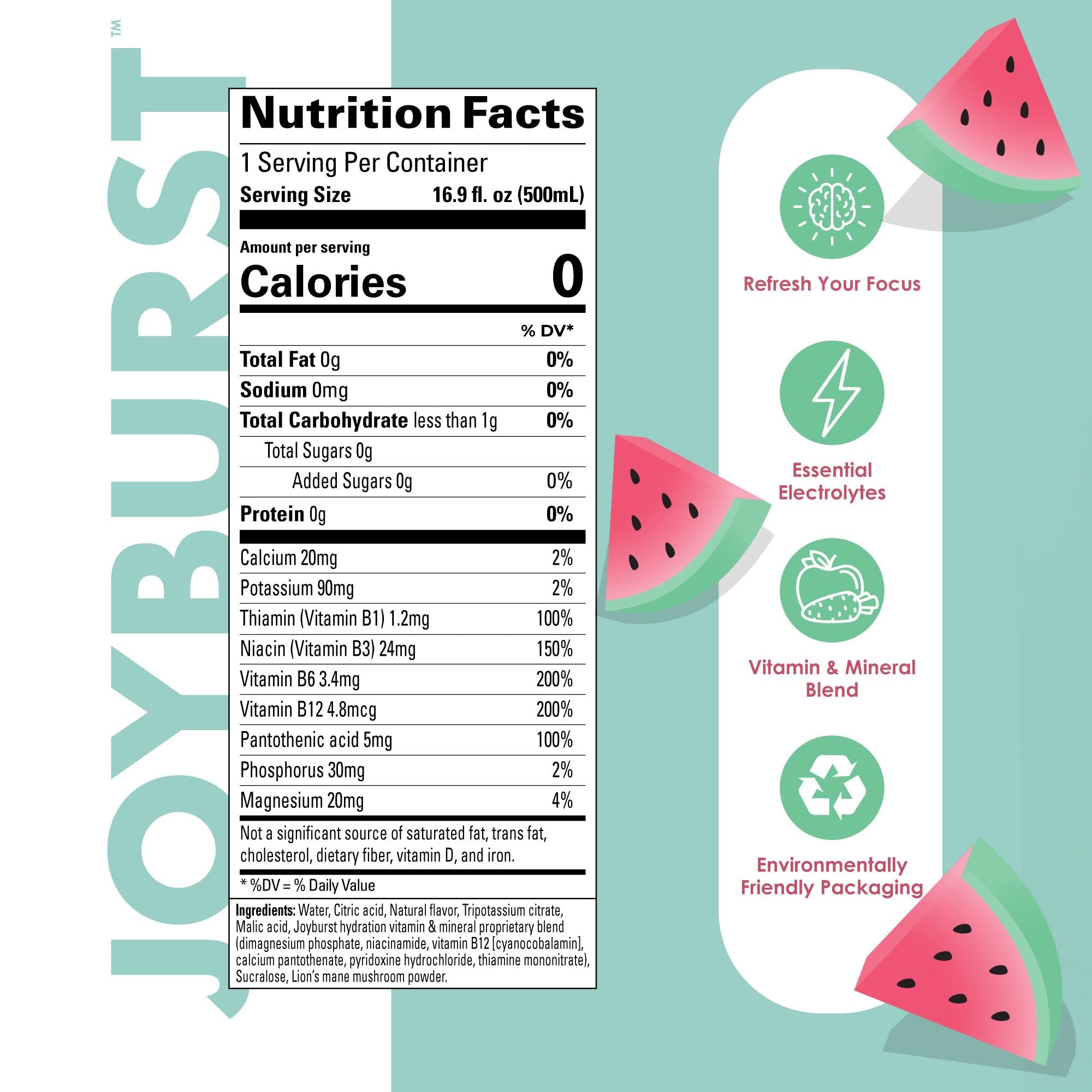 JOYBURST electrolyte water bottle close-up shows clean label and ingredients