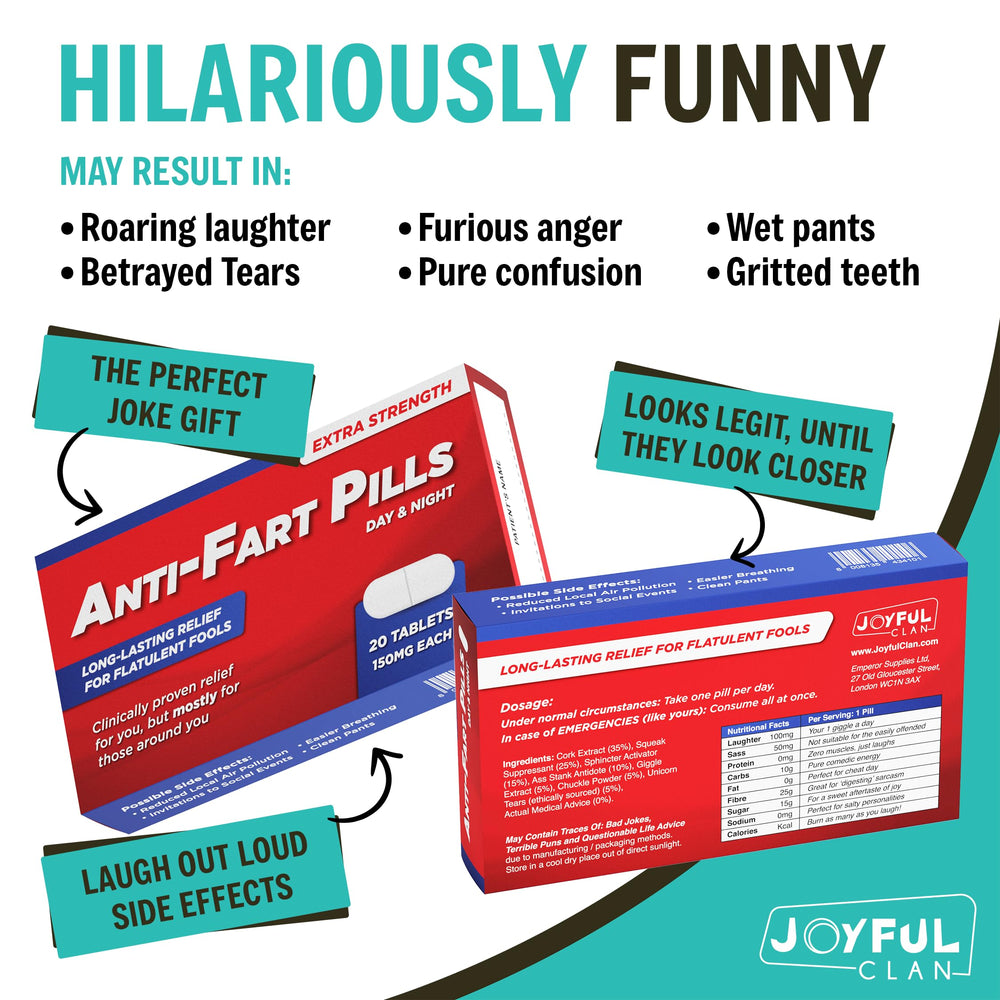 Joyful Clan prescription bag showcases the prank theme for white elephant parties.