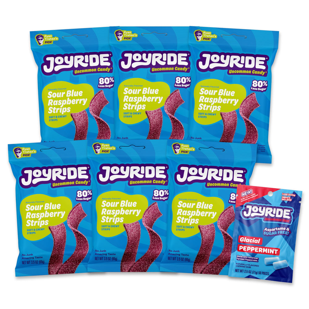 Joyride blue raspberry sour strips six-pack front view, vivid flavor on display