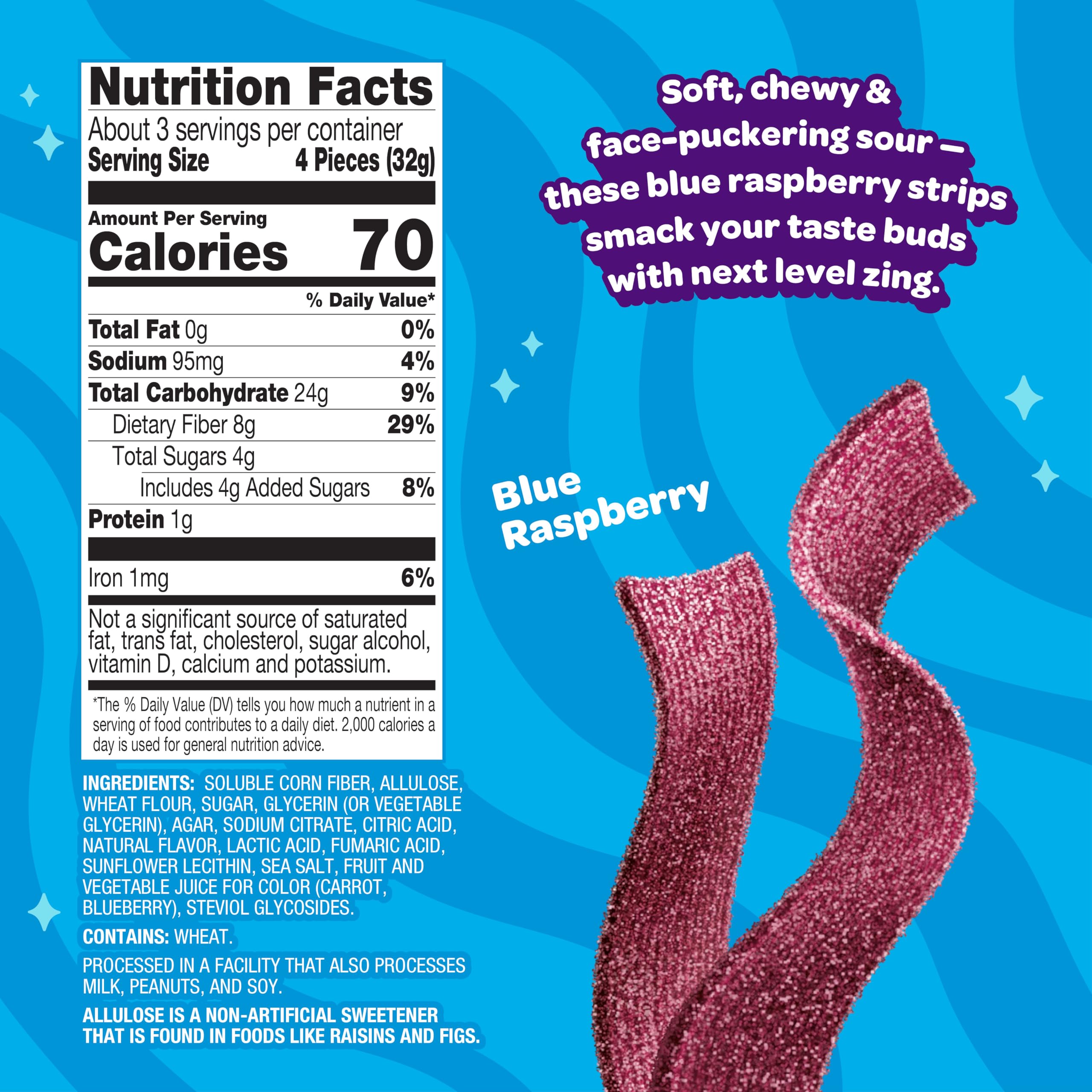 Joyride blue raspberry sour strips six-pack side view, packaging visible