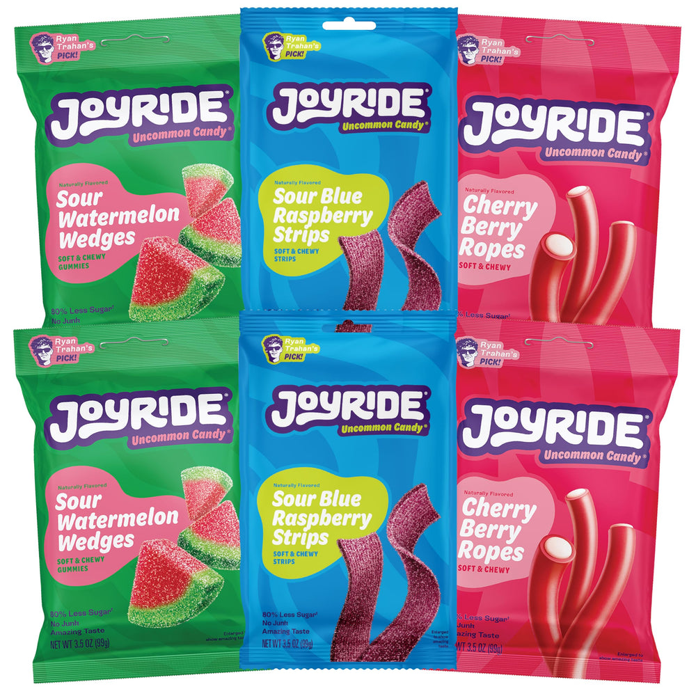 JOYRIDE Blue Raspberry Strips closeup highlighting tart flavor for a lighter snack.