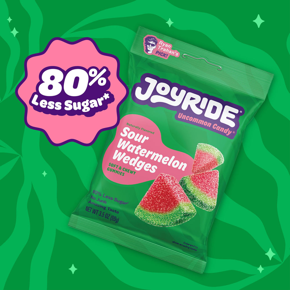 JOYRIDE kid friendly snacking moment with sour wedges and playful packaging