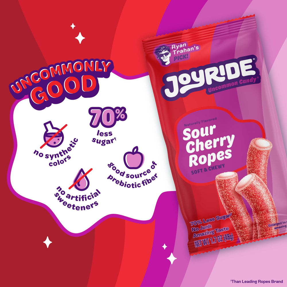 JOYRIDE Sour Cherry Ropes on-the-go snack pack, ideal for lunches or workouts.