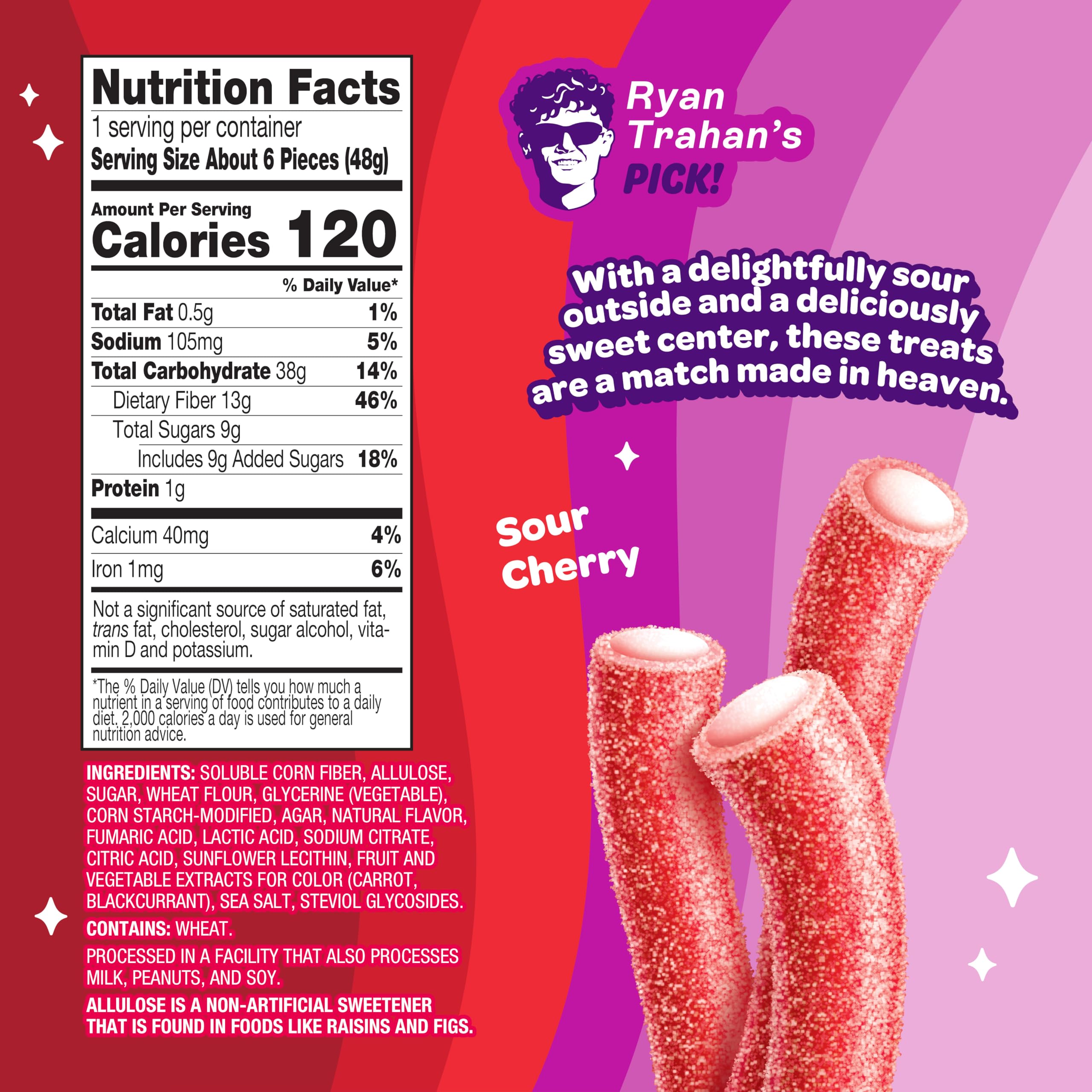 JOYRIDE Sour Cherry Ropes outer sour coating close-up, bold flavor with less sugar.