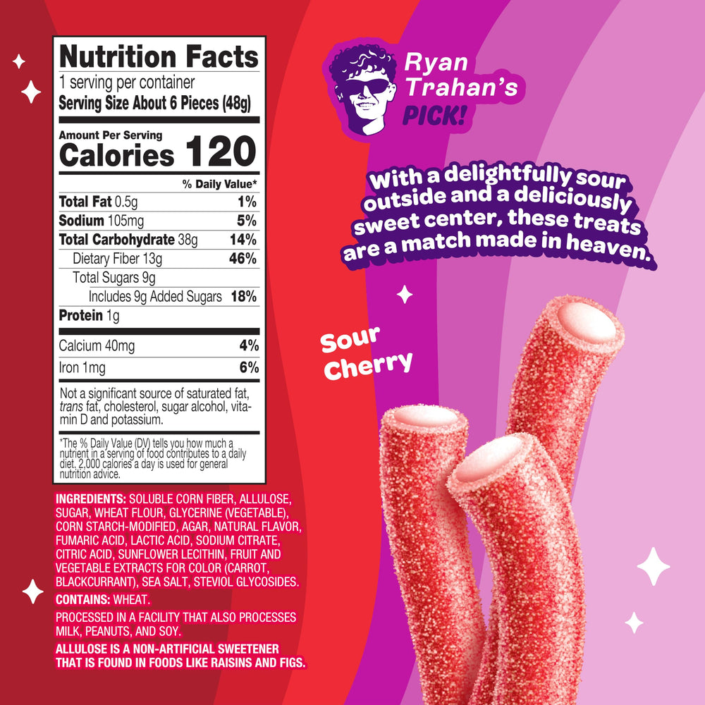 JOYRIDE Sour Cherry Ropes outer sour coating close-up, bold flavor with less sugar.