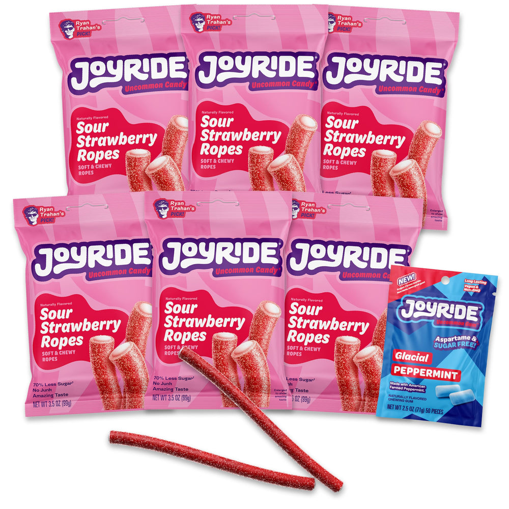 JOYRIDE Sour Strawberry Ropes bundle box front, low-sugar on-the-go snack.