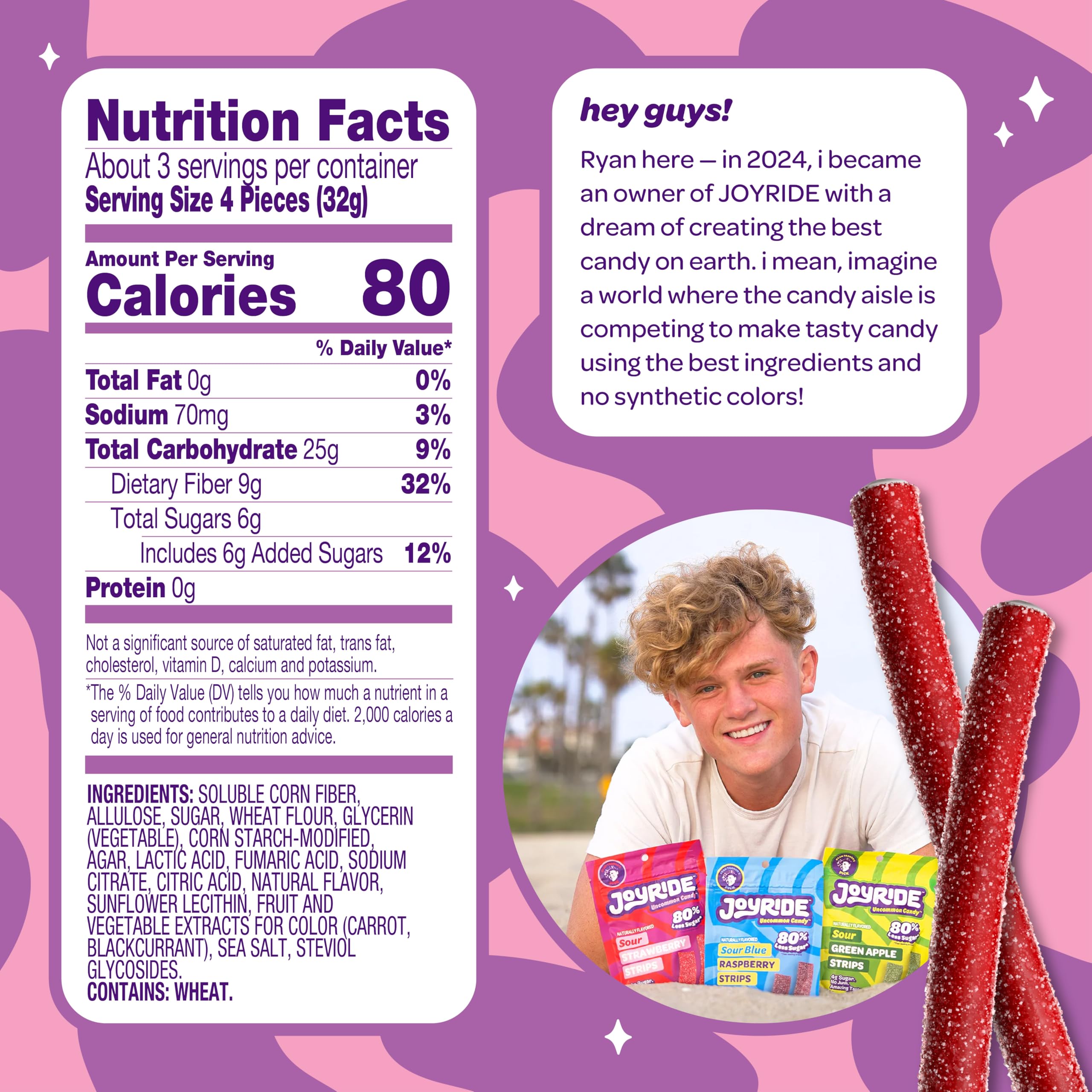 JOYRIDE Sour Strawberry Ropes label close-up showing fiber and calories.