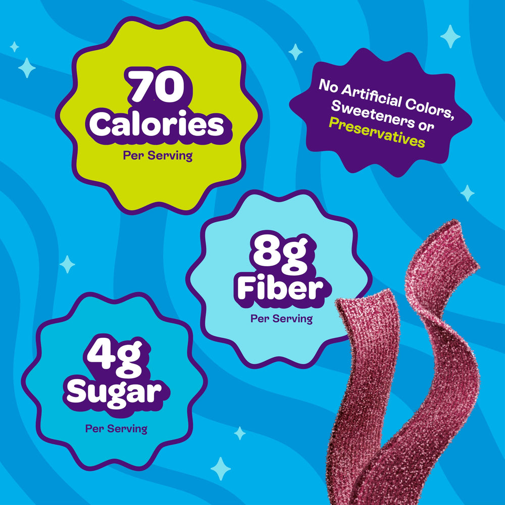 Joyride sour strips nutrition panel close-up with sugar and fiber info