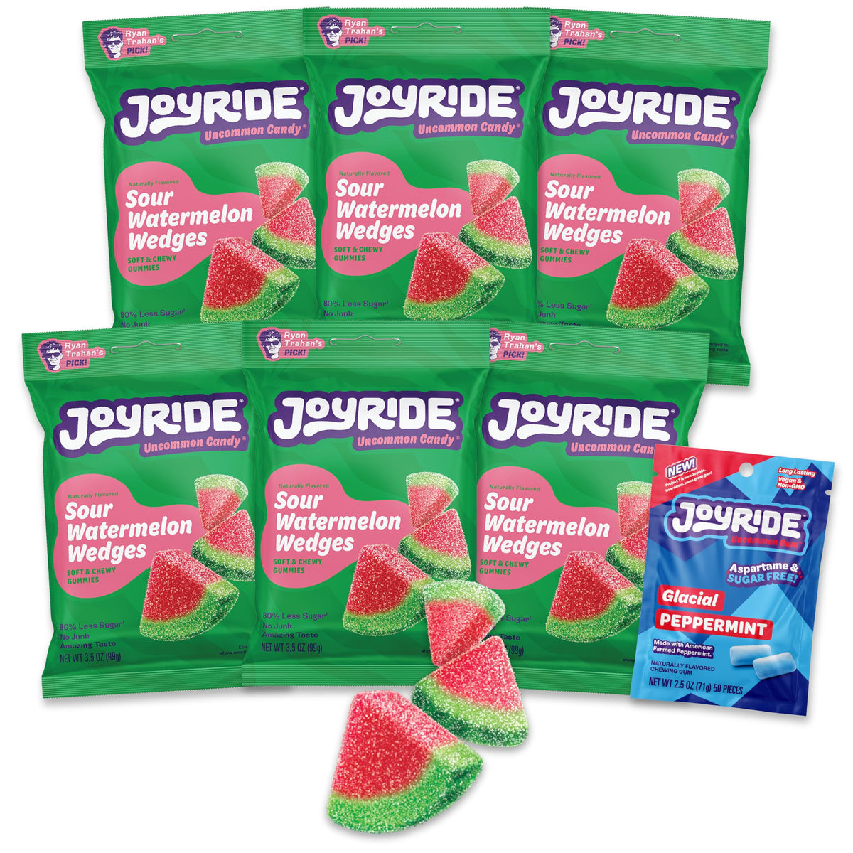 JOYRIDE Sour Watermelon Wedges bundle on display, tangy flavor with low sugar for snacking