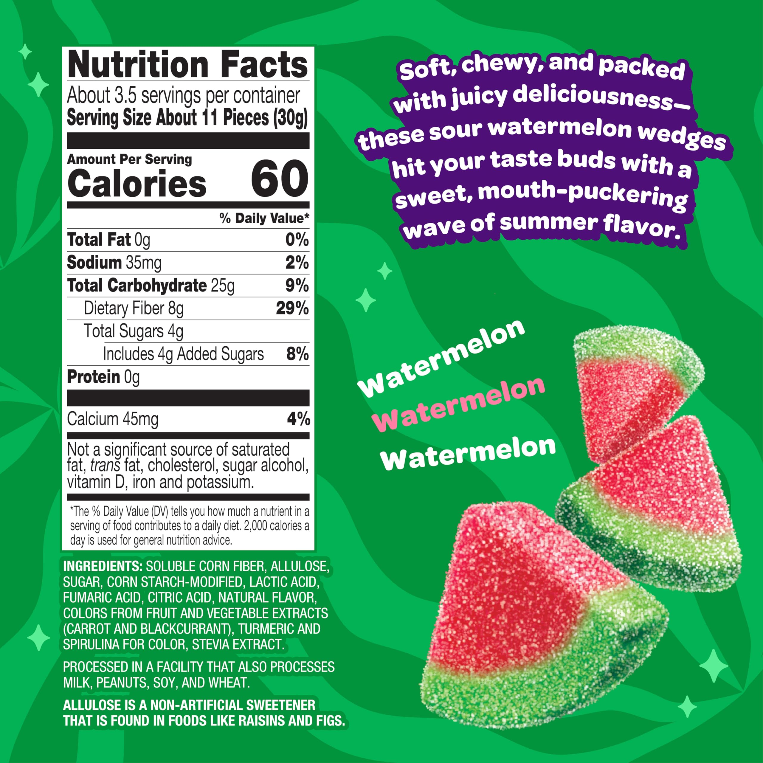 Close-up of JOYRIDE Sour Watermelon Wedges texture, vibrant sour candy appeal