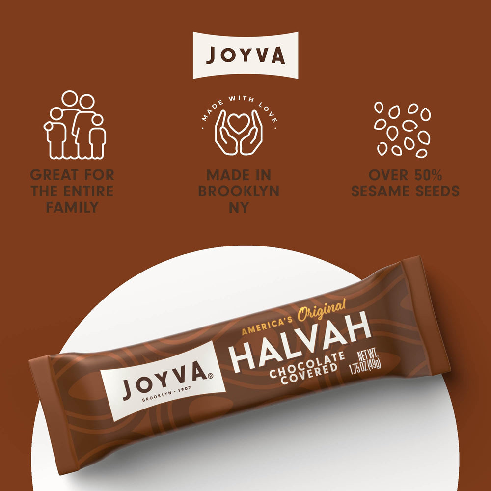 Joyva Halvah dessert topping close-up illustrates versatile flavor.