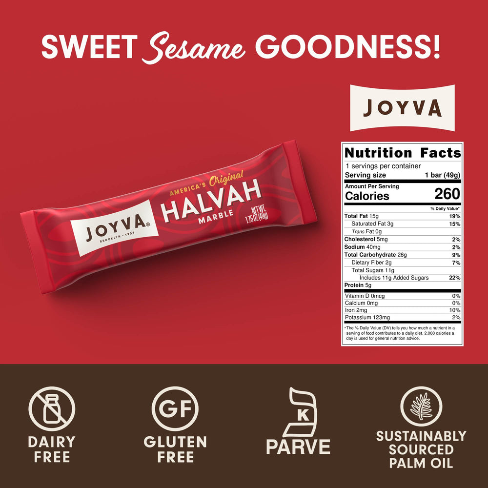 Joyva Halvah Marble slice plated as a snack and dessert topping.