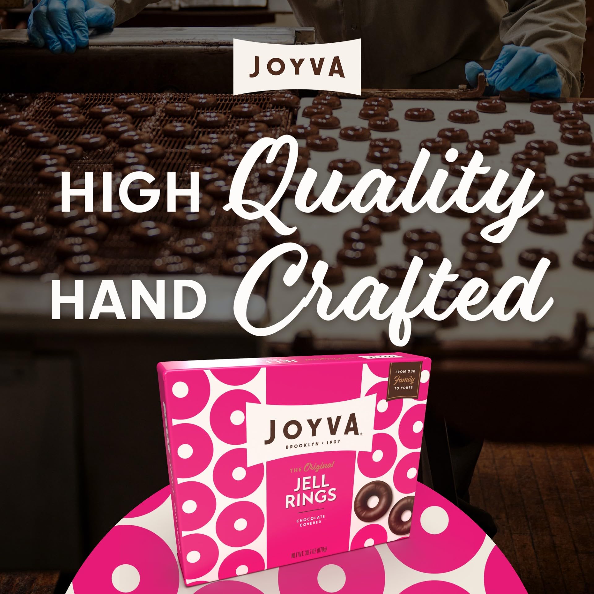 Joyva Jell Rings packaging highlights long-standing family recipe and quality.