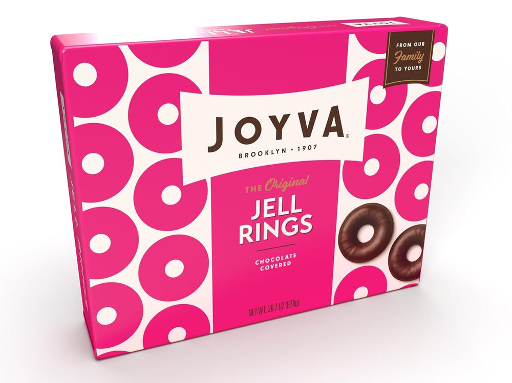 Joyva Jell Rings gift box showcasing 60 jelly-centered treats; ideal for sharing.