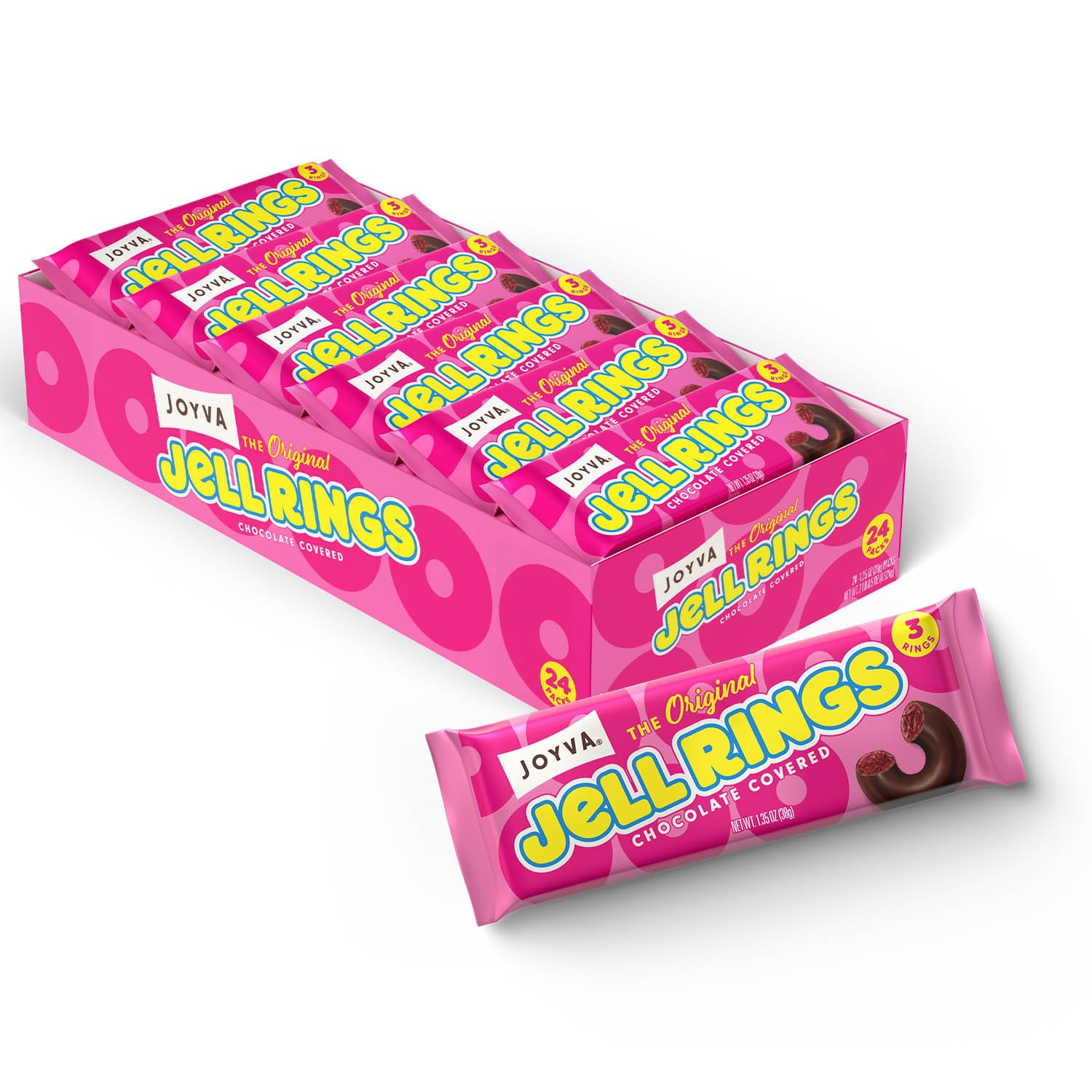 Joyva Original Jell Rings box showing the jelly centers and chocolate coating, ideal for sharing