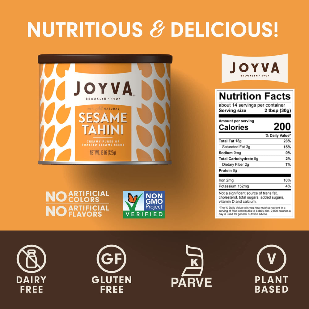 Joyva sesame tahini 15oz tin packaging highlights creamy purée