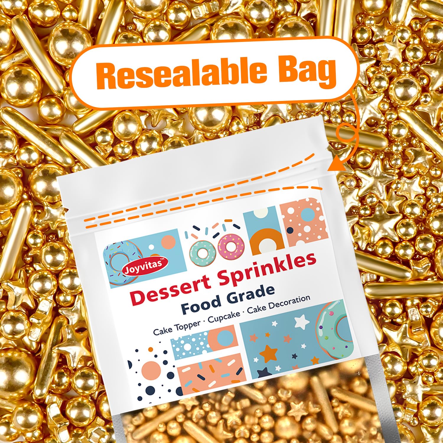 Joyvitas Gold Pearl Star Rods Sprinkles offer edible decor with reliable shine.