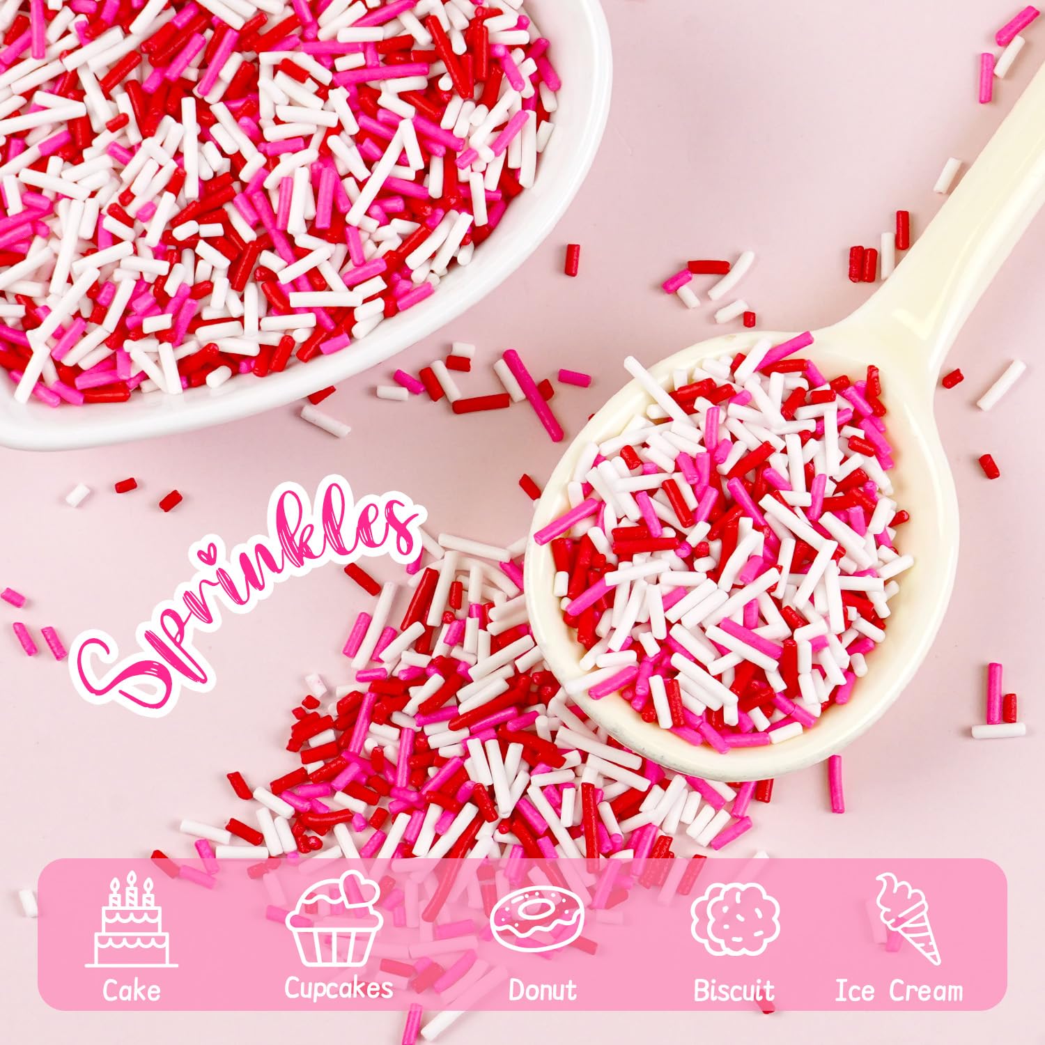 Joyvitas Valentines Pink Jimmies dusting on dessert for celebration.