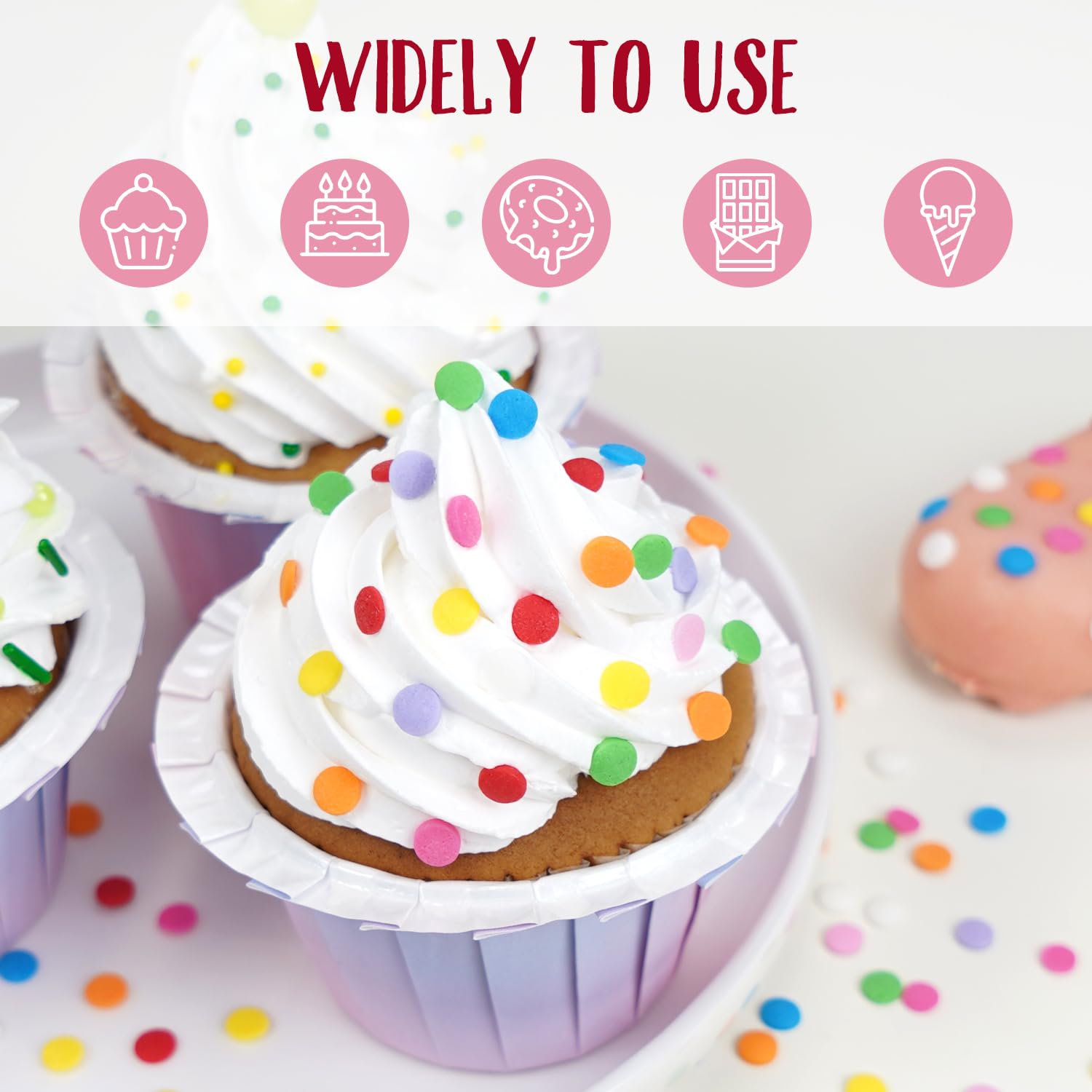 Joyvitas Rainbow Round Sprinkles on cupcakes for a playful finish.