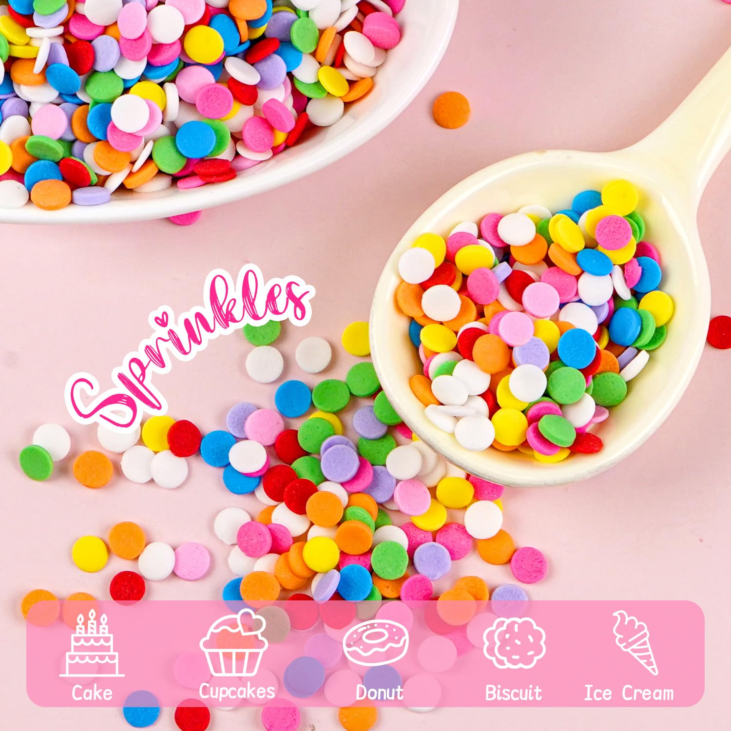 Joyvitas Rainbow Round Sprinkles brighten waffles with rainbow dots.