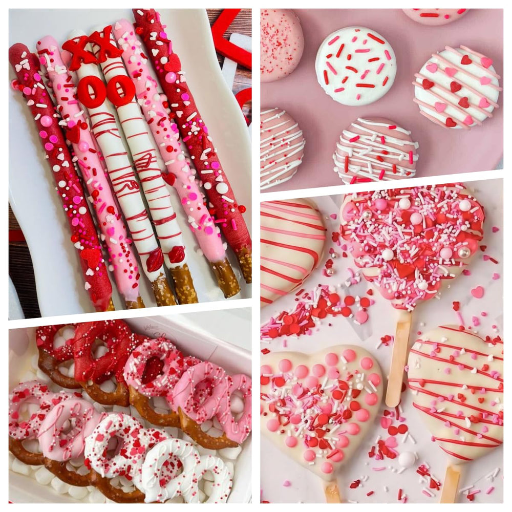 Joyvitas Valentines Pink Jimmies cupcakes with colorful sprinkles.