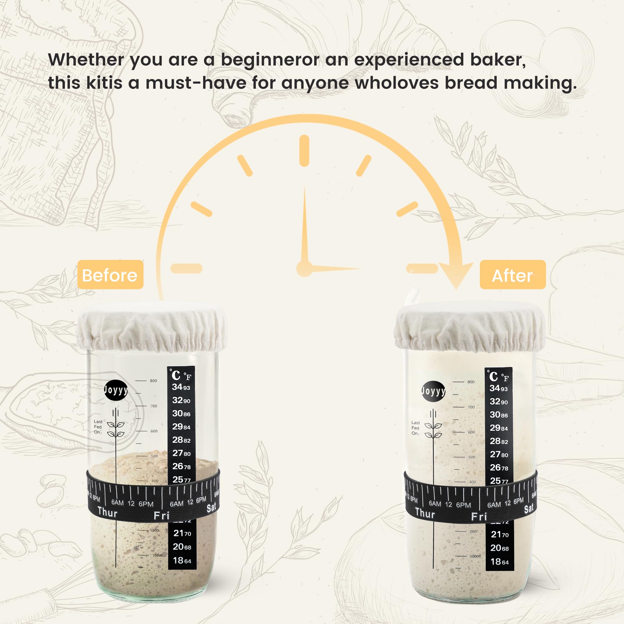 Joyyy date-marked feeding bands keep sourdough feeding on track.