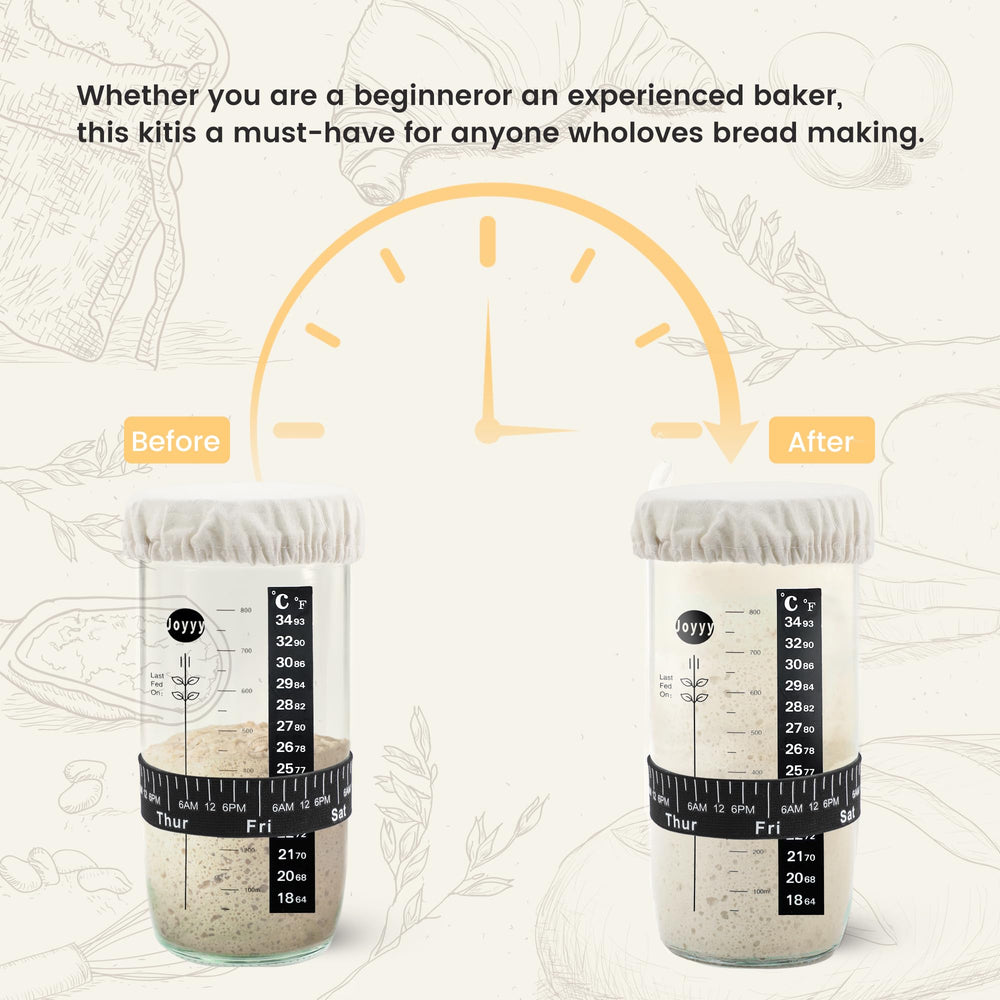 Joyyy date-marked feeding bands keep sourdough feeding on track.