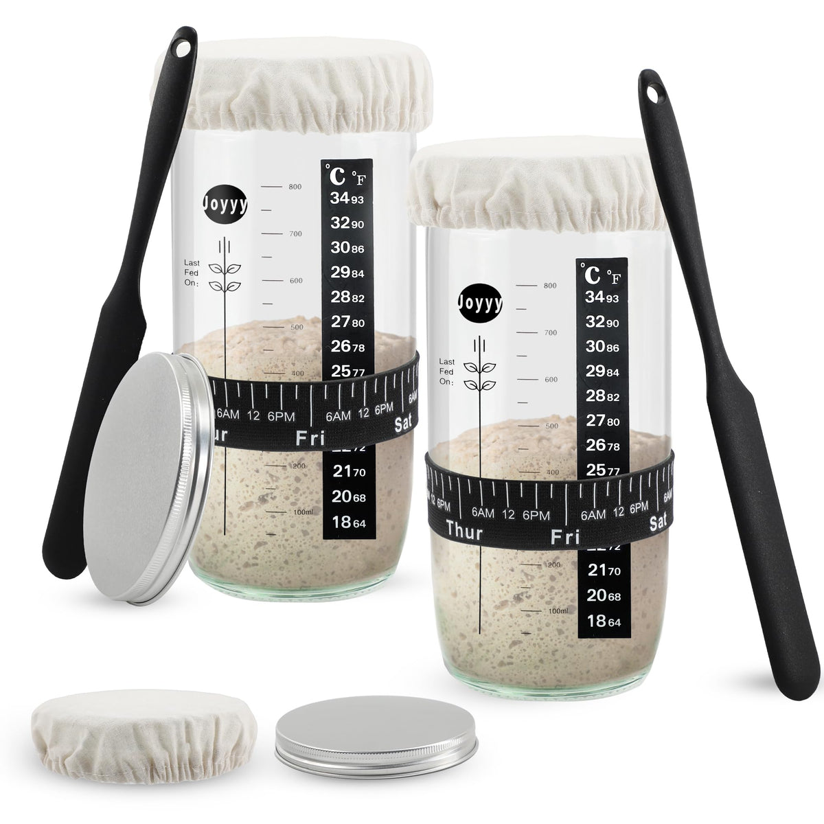 Joyyy Sourdough Starter Jar 34oz set of 2, wide mouth for easy feeding.