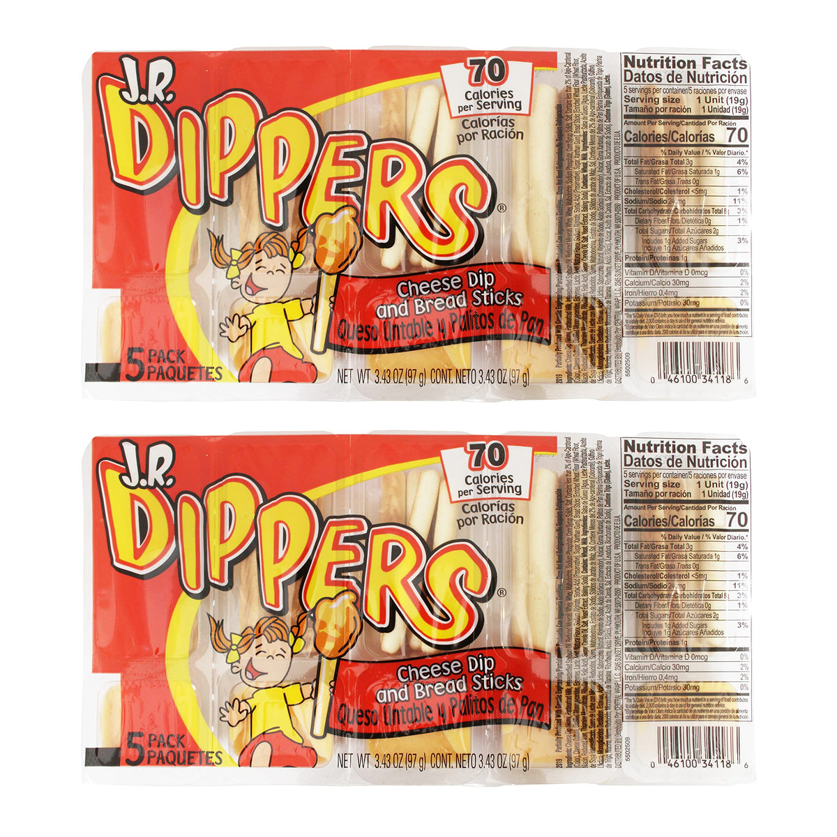 J.R. Dippers cheese dip with bread-sticks 2-pack, ideal for lunchboxes.