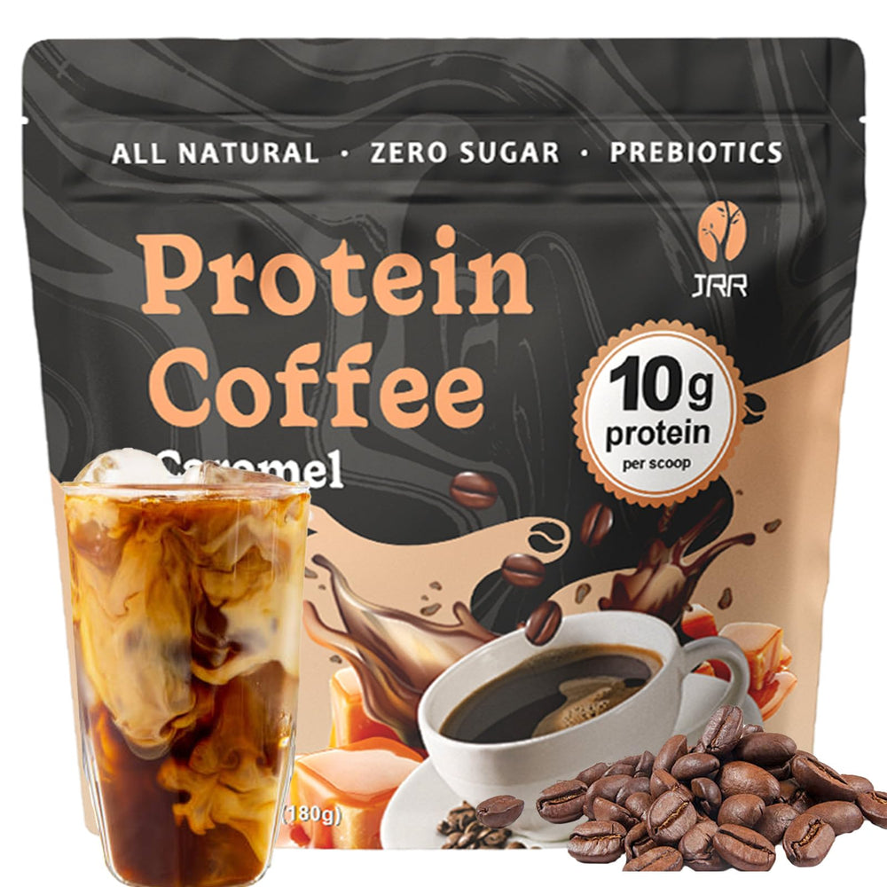 JRR Caramel Protein Coffee bottle pour shows convenient energy on the go