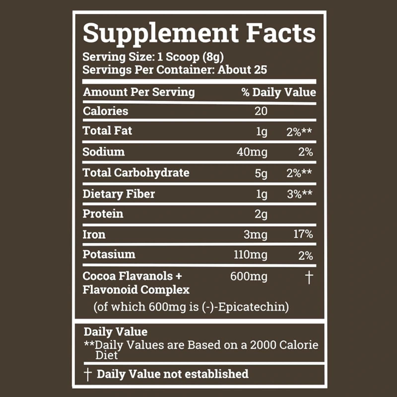 JRR Cocoa Powder measuring scoop illustrates precise serving for consistent flavanol intake.