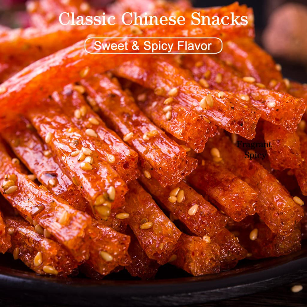 Flatlay packaging of JTEDZI Latiao Spicy Strips five-pack convenience for travel.
