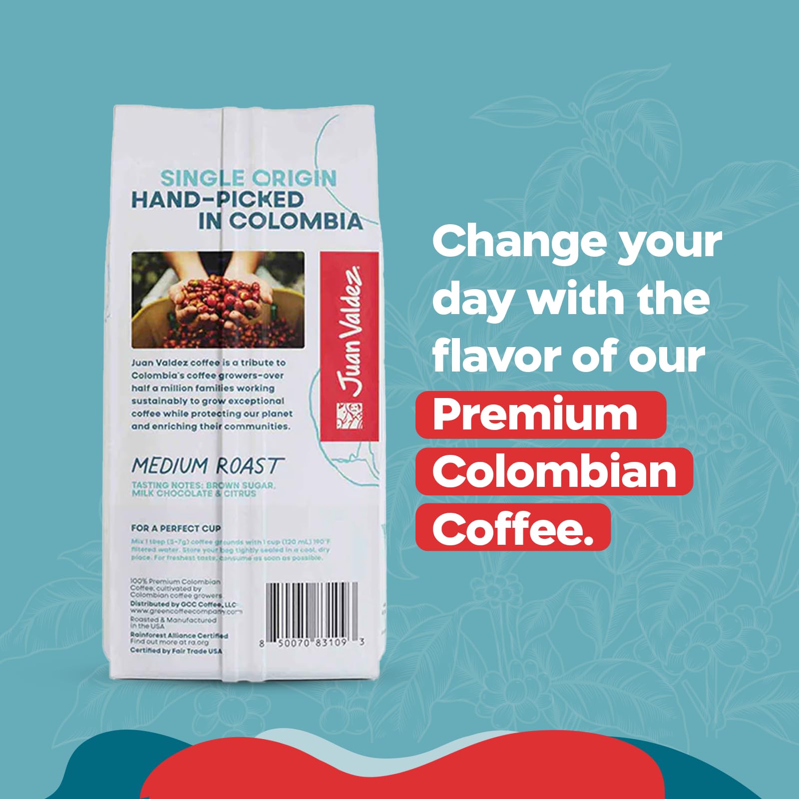 Close-up of Juan Valdez bag label highlighting origin and freshness