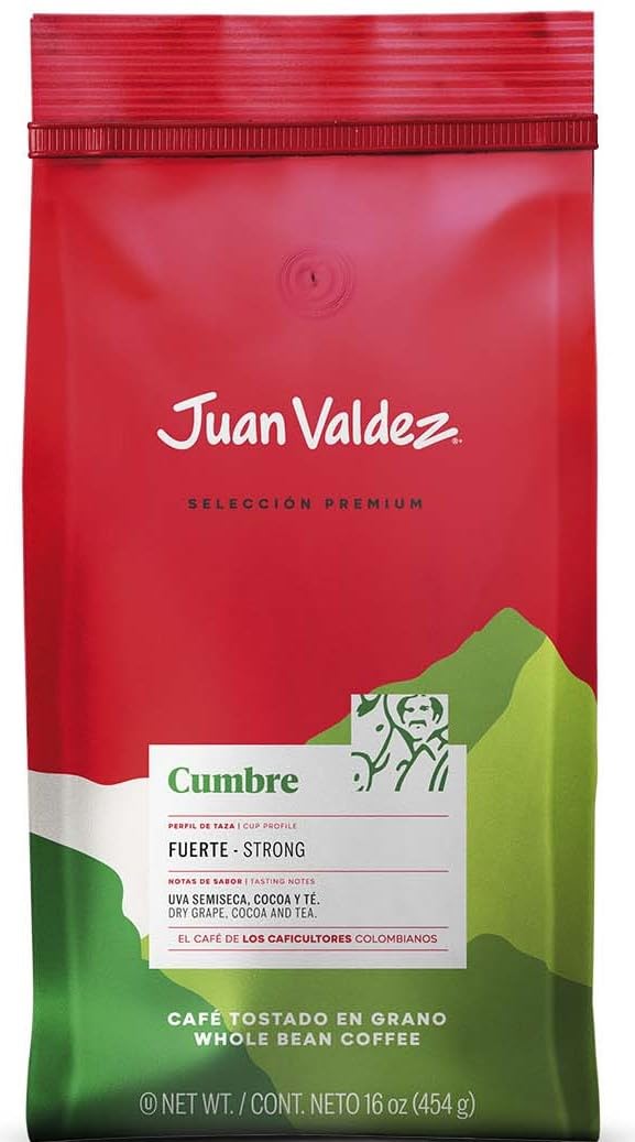 Juan Valdez Cumbre Dark Roast bag front, premium Colombian coffee for bold mornings.