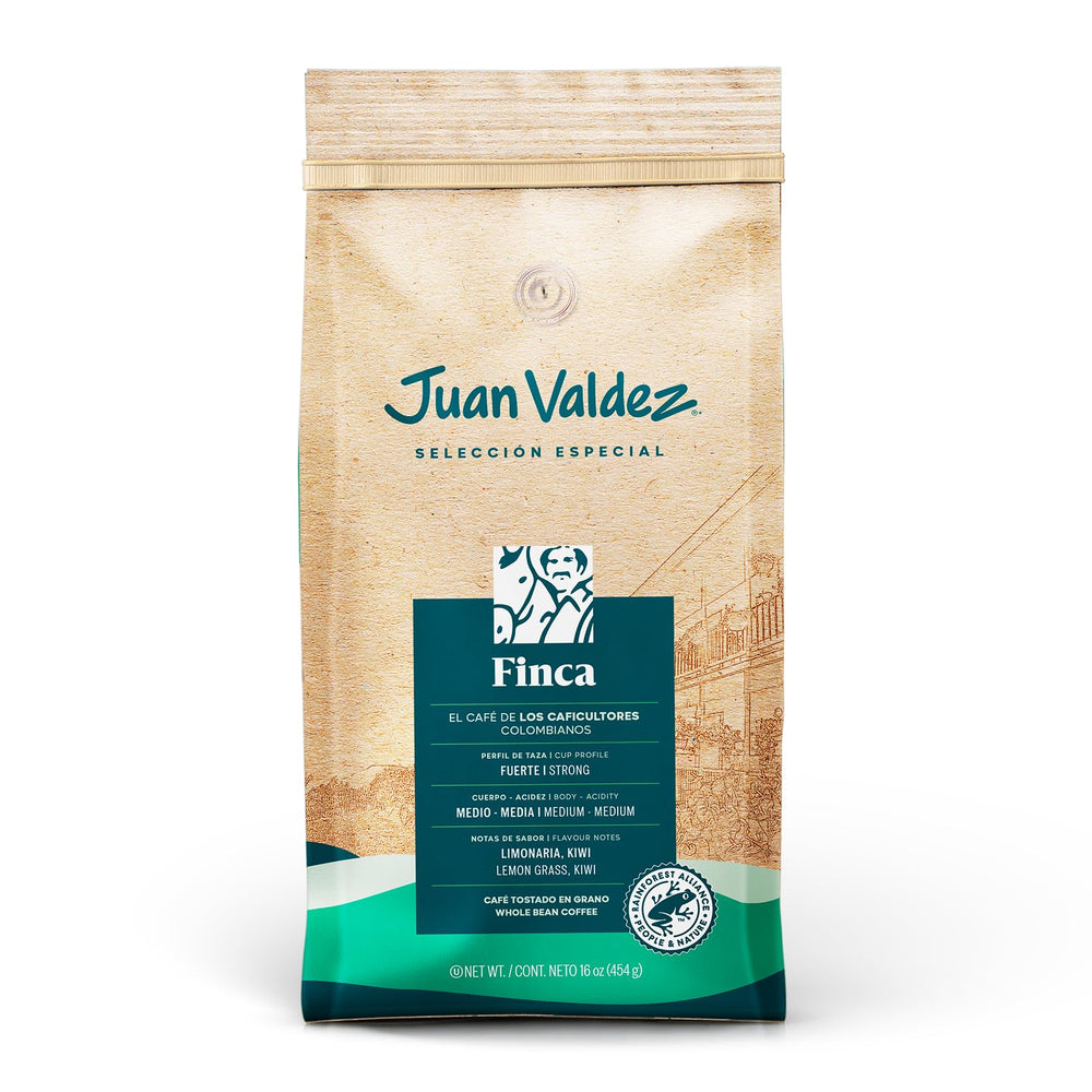 Juan Valdez Finca Dark Roast beans close-up, premium quality ready for grinding.